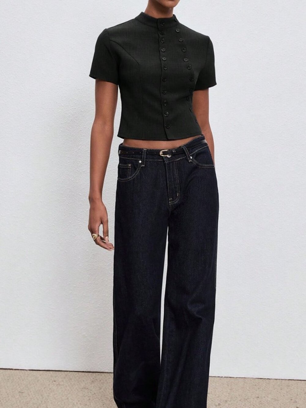 Black Casual Women's Double-Breasted Short Sleeve Blouse - Picture 4 of 6